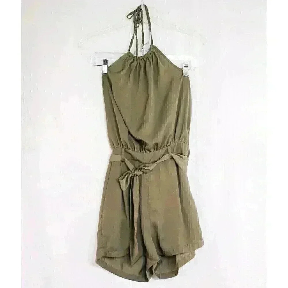 Dynamite Size XS olive green halter neck romper zip back pockets/belted - Picture 7 of 10